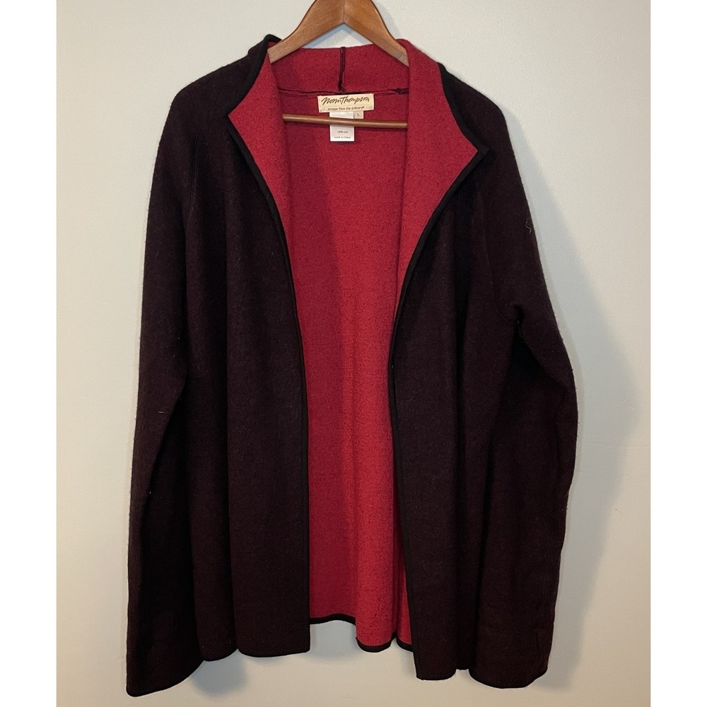 Vintage Norm Thompson 100% Wool Black Red Open‎ Cardigan